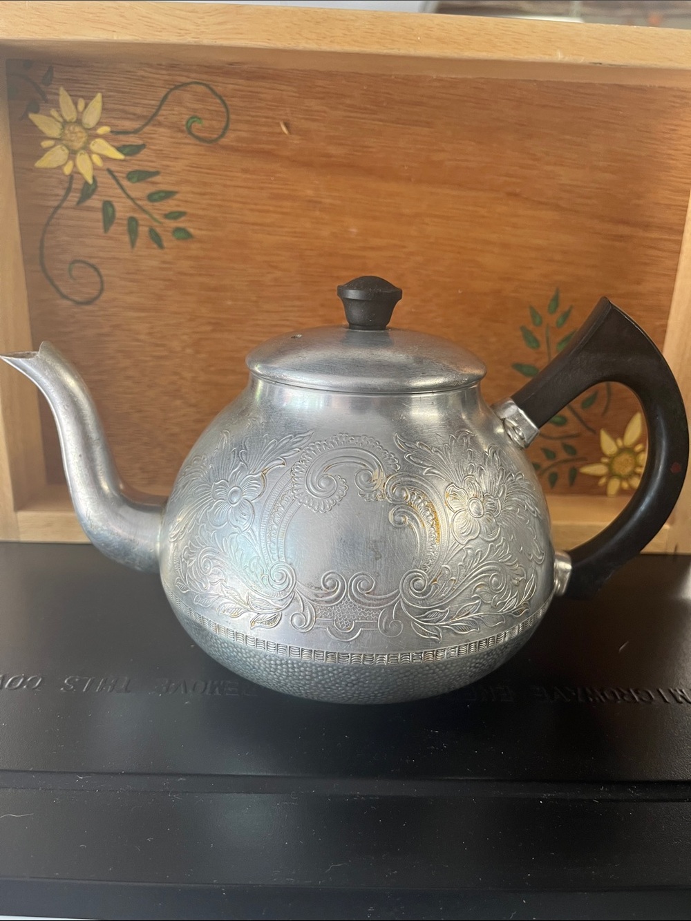 Embossed Silver Teapot with Black Handle - Decorative Serving Teapot